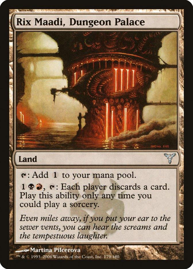 The image is a Magic: The Gathering card titled "Rix Maadi, Dungeon Palace [Dissension]." This Uncommon Land allows you to add one colorless mana or make each player discard a card. The artwork features an eerie, red-lit dungeon with glowing eyes and fiery depths. The card includes flavor text and is part of the "Dissension" series.