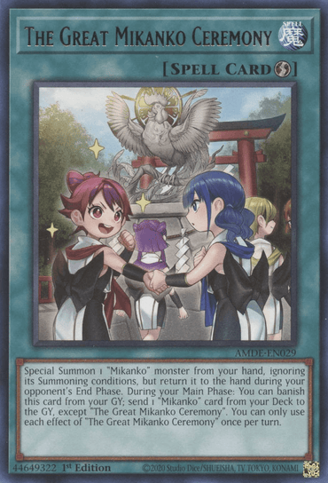 The image depicts the Yu-Gi-Oh! Quick-Play Spell card "The Great Mikanko Ceremony [AMDE-EN029] Rare." The card features two female characters in traditional attire performing a ritual, clasping hands in front of a shrine with a large bird statue above. Below is the card description and specifics for this powerful Mikanko monster-focused spell.