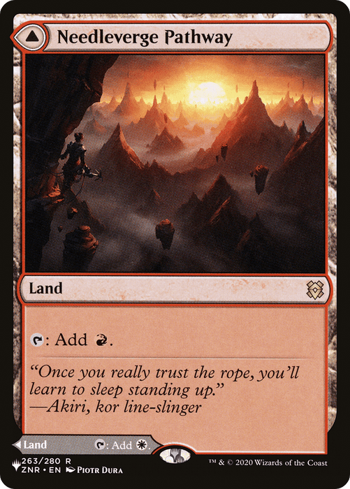 A fantasy landscape art of a precarious, narrow path winding through a rugged mountain range under an orange, cloudy sky. Floating stones are seen amidst jagged peaks. The card title reads "Needleverge Pathway // Pillarverge Pathway [Secret Lair: From Cute to Brute]," featuring the white mana symbol and labeled as Rare Land. Text: "Add W" and "Add R." This is a product from Magic: The Gathering.