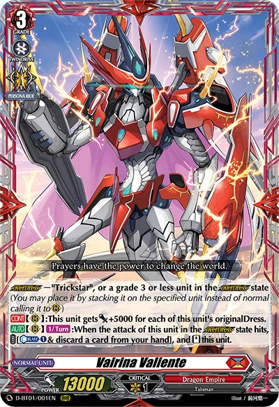 A Triple Rare trading card from Bushiroad, featuring the character "Vairina Valiente" (D-BT01/001EN) [Genesis of the Five Greats]. The card showcases a red and silver armored, winged mech brandishing a sword and shield. Beneath the striking image are details including power (13000), critical (1), and skill descriptions. The vibrant background captures the essence of Dragon Empire.