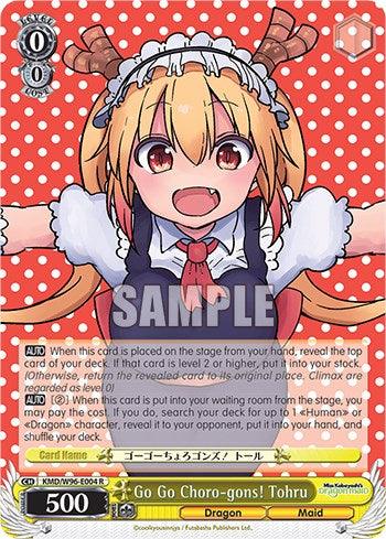 The image is of a rare character card featuring Go Go Choro-gons! Tohru [Miss Kobayashi's Dragon Maid] from Bushiroad. She has blonde hair, red eyes, and is wearing a maid outfit with a headband. The background is red with white polka dots, and "SAMPLE" is written across the card. Card details and stats are displayed at the bottom.