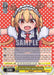 The image is of a rare character card featuring Go Go Choro-gons! Tohru [Miss Kobayashi's Dragon Maid] from Bushiroad. She has blonde hair, red eyes, and is wearing a maid outfit with a headband. The background is red with white polka dots, and "SAMPLE" is written across the card. Card details and stats are displayed at the bottom.