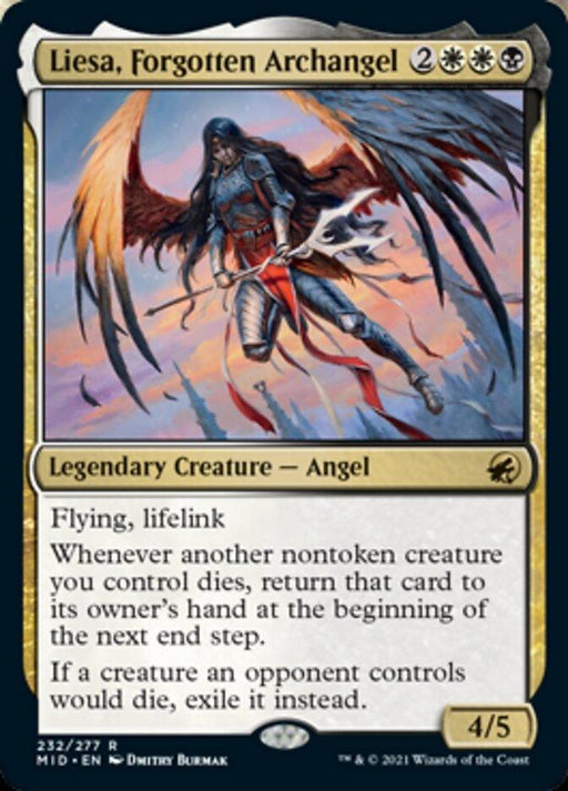 The Magic: The Gathering card "Liesa, Forgotten Archangel [Innistrad: Midnight Hunt]," from Magic: The Gathering, features an armored angel wielding a sword, with black and gold wings. This Legendary Creature possesses abilities like flying and lifelink. It's a 4/5 creature costing 2 white, 2 black, and 1 colorless mana.