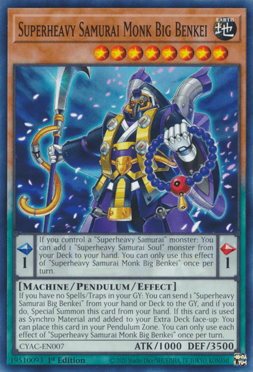 The image displays a "Superheavy Samurai Monk Big Benkei [CYAC-EN007] Common" Yu-Gi-Oh! trading card. It features an armored warrior in blue and gold attire. The card, possibly linked to Cyberstorm Access, has text detailing its effects and attributes with ATK 1000 and DEF 3500, and arrow indicators at the bottom left and right.