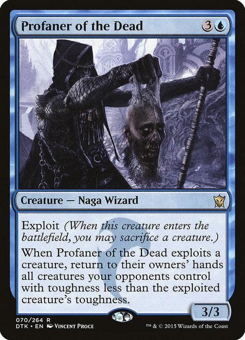 A "Magic: The Gathering" card named Profaner of the Dead [Dragons of Tarkir] from Magic: The Gathering. This blue card, costing three generic and one blue mana, illustrates a Naga Wizard holding a skull and spine. Featuring the Exploit ability, it boasts a 3/3 power and toughness.