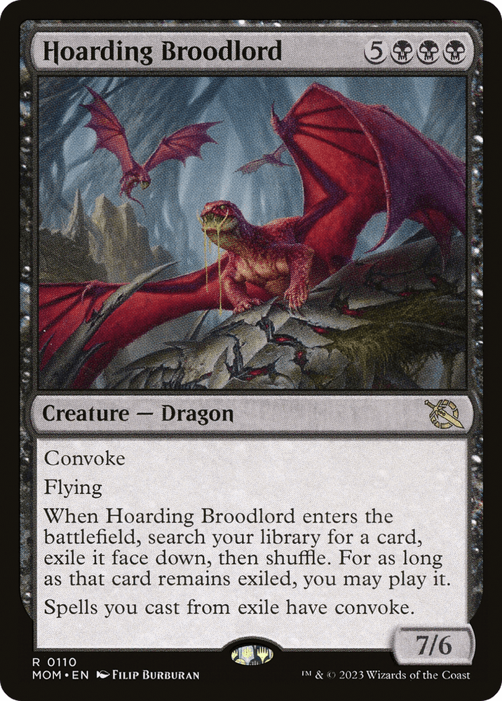 A Magic: The Gathering card titled "Hoarding Broodlord [March of the Machine]" is a rare Creature — Dragon. It depicts a large red dragon flying over mountainous terrain with smaller dragons trailing behind. With a cost of five generic mana and three black mana, this black creature boasts 7 power and 6 toughness. It features Convoke, Flying, and lets players search their library for a card to exile.