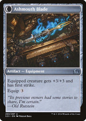 The image is of a "Magic: The Gathering" card named "Neglected Heirloom // Ashmouth Blade," part of the Shadows over Innistrad set. This Artifact — Equipment offers +3/+3 stats and first strike to the equipped creature. It depicts a black sword with blue flames and features a quote at the bottom attributed to Old Rutstein.