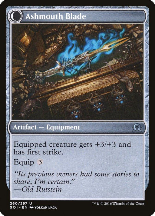 The image is of a "Magic: The Gathering" card named "Neglected Heirloom // Ashmouth Blade," part of the Shadows over Innistrad set. This Artifact — Equipment offers +3/+3 stats and first strike to the equipped creature. It depicts a black sword with blue flames and features a quote at the bottom attributed to Old Rutstein.