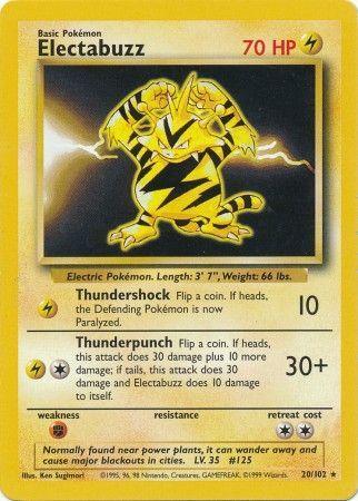 A rare Pokémon card for Electabuzz (20/102) [Base Set Unlimited]. The card, from the Base Set Unlimited series, displays Electabuzz, a yellow creature with black stripes and an electrified appearance, set against a yellow-bordered background. It features Lightning attacks Thundershock and Thunderpunch along with details about its properties.