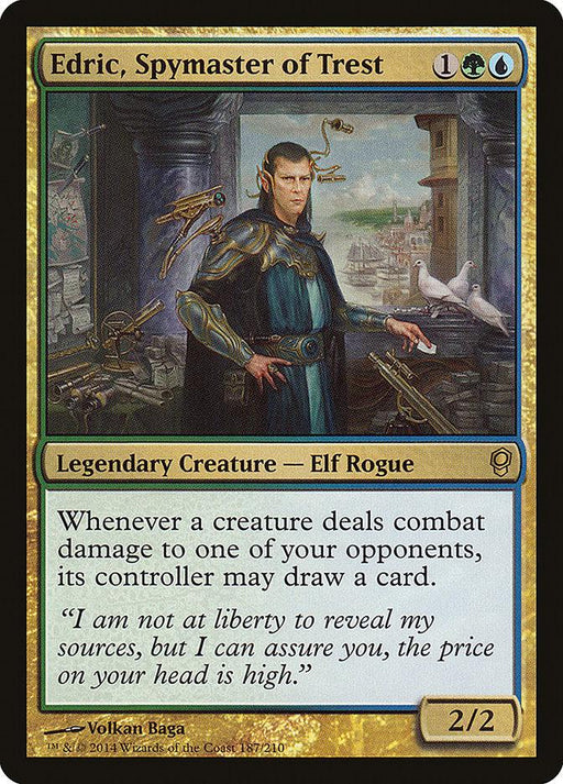 A Magic: The Gathering card depicting Edric, Spymaster of Trest [Conspiracy], a Legendary Creature and Elf Rogue. He stands in luxurious attire, holding a bird. The card costs 1 green, 1 blue, and 1 generic mana, has a power/toughness of 2/2, and an ability allowing card draws when creatures deal combat damage to opponents.