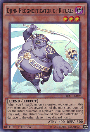 A Yu-Gi-Oh! trading card titled "Djinn Prognosticator of Rituals [THSF-EN039] Super Rare." This Fiend/Effect Monster showcases a muscular, purple-skinned creature with four arms, golden jewelry, and a menacing expression. Wielding a scimitar and surrounded by a mystical blue aura, it has 400 ATK and 300 DEF.