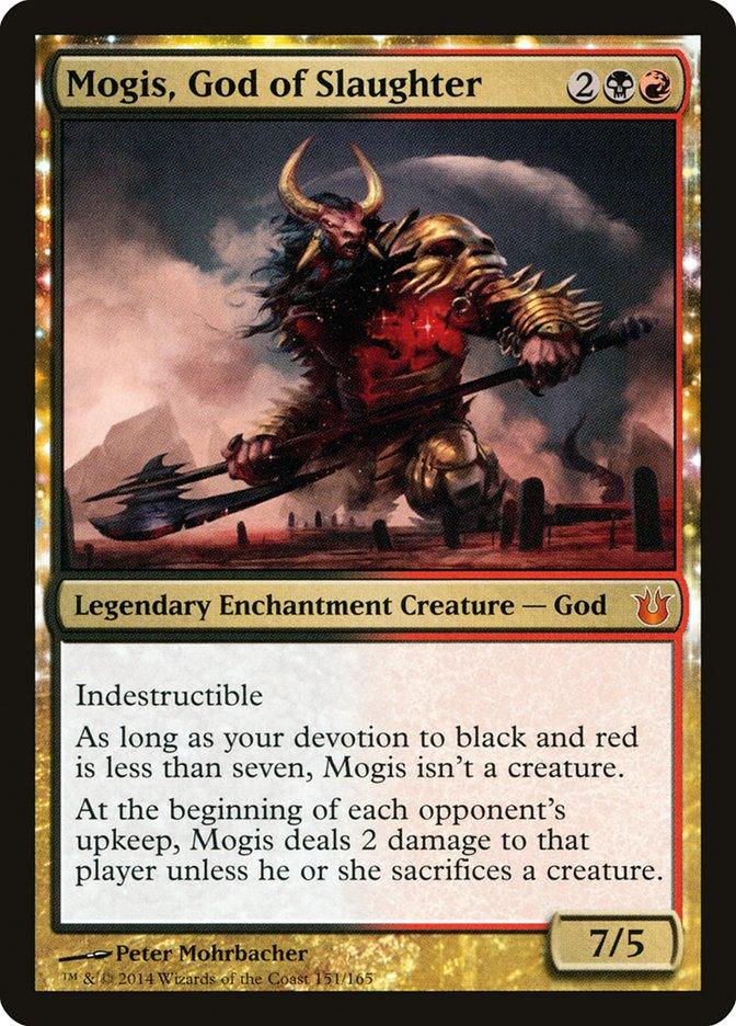 A Magic: The Gathering product named Mogis, God of Slaughter [Born of the Gods]. This Legendary Enchantment Creature has a multicolored border reflecting its black and red mana cost. An image of a menacing, armored figure with weapons in both hands dominates the frame, showcasing its 7/5 power/toughness and indestructibility.