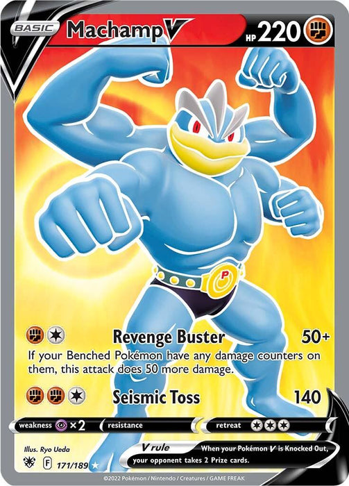 Image of an Ultra Rare "Machamp V (171/189) [Sword & Shield: Astral Radiance]" Pokémon card, illustrated by Ryo Ueda. Machamp, a muscular blue humanoid creature with four arms, is in a fighting pose. The card details include: HP 220, moves "Revenge Buster" and "Seismic Toss." The background is yellow and orange.
