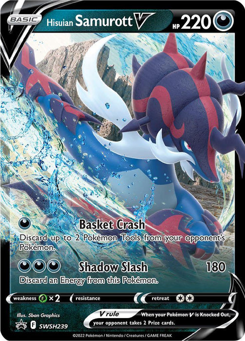 The image is of a Pokémon card featuring Hisuian Samurott V (SWSH239) [Sword & Shield: Black Star Promos] from Pokémon. Hisuian Samurott, a large aquatic creature with sharp fins and a curved horn, emerges from a splash of darkness-infused water. The card displays its HP as 220 and lists two moves: "Basket Crash" and "Shadow Slash." Vivid blue and black shades