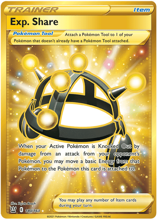 A card from the Pokémon Trading Card Game titled "Exp. Share (180/163) [Sword & Shield: Battle Styles]." It's a Secret Rare item card under the Trainer category from the Sword & Shield series. The card features a golden, metallic, spherical object with six protruding arms ending in glowing orbs. The card text details how it functions within the game.