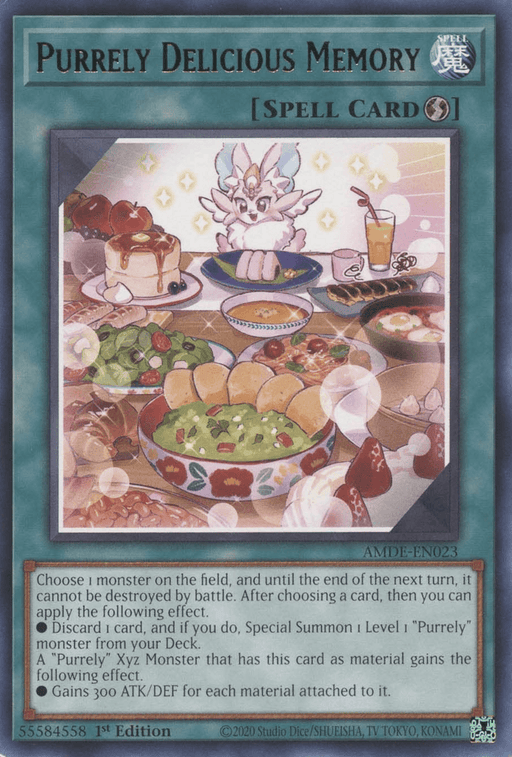 A Yu-Gi-Oh! spell card titled "Purrely Delicious Memory [AMDE-EN023] Rare" features an illustration of a cute, white, cat-like creature sitting at a table with a fork, surrounded by various colorful dishes. As part of the Amazing Defenders set, this Quick-Play Spell details its effects and playable features.