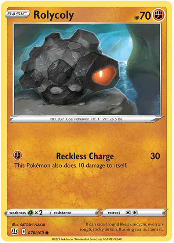 Image of a Pokémon Trading Card from Sword & Shield Battle Styles featuring Rolycoly (078/163) [Sword & Shield: Battle Styles] by Pokémon. The card has an orange border and displays Rolycoly, a small, rocky Pokémon with a single red eye. Sporting 70 HP, its move 