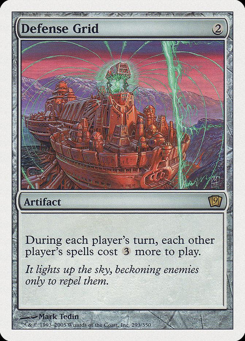 A Magic: The Gathering card named "Defense Grid [Ninth Edition]." This rare artifact from the Ninth Edition costs 2 mana. Text reads: "During each player's turn, each other player's spells cost 3 more to play." Art depicts a massive fortress with glowing green energy rings, set against a dramatic sky.