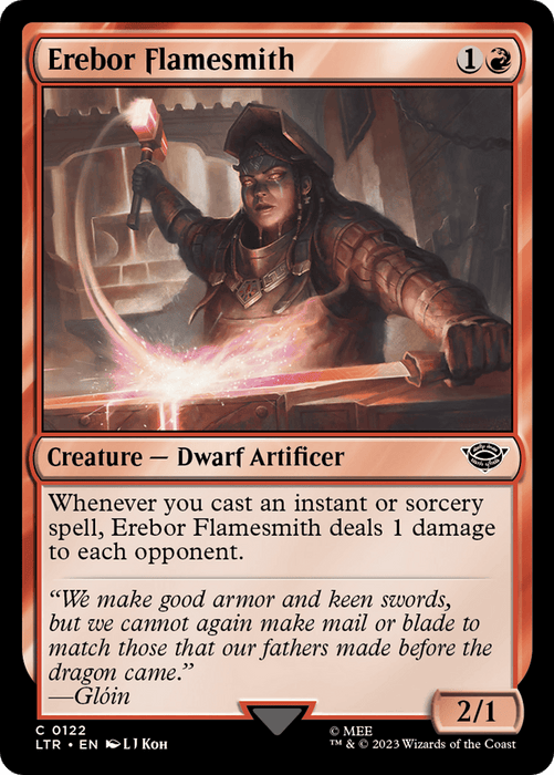 A Magic: The Gathering card titled "Erebor Flamesmith [The Lord of the Rings: Tales of Middle-Earth]" from the Tales of Middle-Earth set. It features a dwarf in a forge, hammering a glowing blade. The card costs 1 generic and 1 red mana, has 2 power and 1 toughness, and an ability that deals 1 damage to each opponent when an instant or sorcery spell is cast.