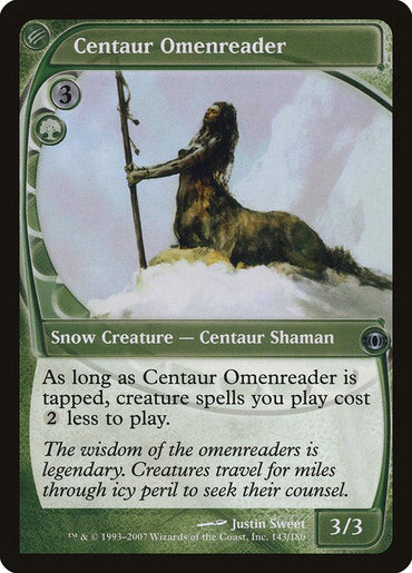 A Magic: The Gathering card titled "Centaur Omenreader [Future Sight]," a Snow Creature with the text: "As long as Centaur Omenreader is tapped, creature spells you play cost 2 less to play." It showcases a snowy centaur shaman holding a staff, with artist credit and set details at the bottom.