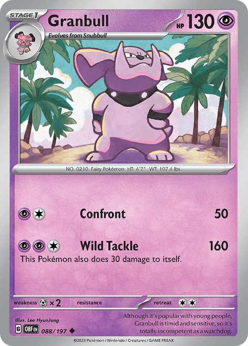 A Pokémon Granbull (088/197) [Scarlet & Violet: Obsidian Flames] trading card featuring Granbull from the Scarlet & Violet series. Granbull, a purple, bulldog-like creature with a muscular build and an underbite, stands confidently in a tropical setting with palm trees. The card details include HP 130, Confront (50), Wild Tackle (160), weakness ×2 to Steel, and card number 088/197.