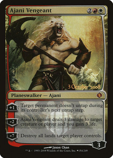 The Magic: The Gathering product titled "Ajani Vengeant [Shards of Alara Promos]" depicts a fierce, muscular lion-like humanoid roaring. This Legendary Planeswalker has abilities: +1 to prevent a target from untapping, -2 to deal 3 damage and gain 3 life, and -7 to destroy all lands a target player controls.