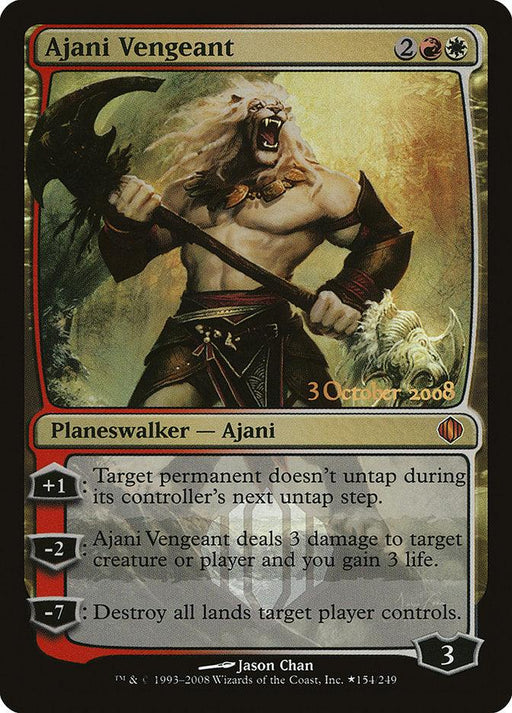 The Magic: The Gathering product titled "Ajani Vengeant [Shards of Alara Promos]" depicts a fierce, muscular lion-like humanoid roaring. This Legendary Planeswalker has abilities: +1 to prevent a target from untapping, -2 to deal 3 damage and gain 3 life, and -7 to destroy all lands a target player controls.