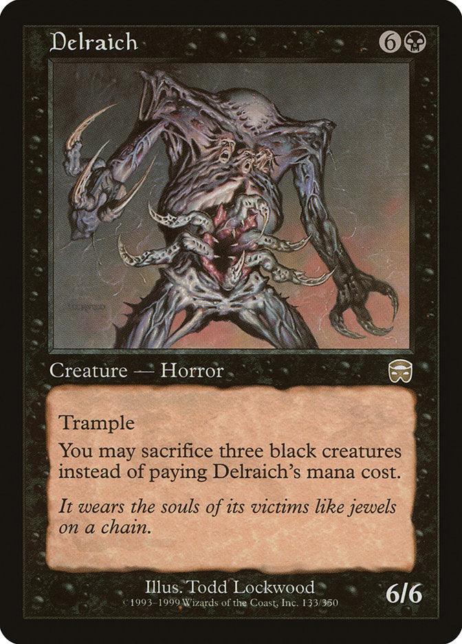 Magic: The Gathering Delraich [Mercadian Masques]. This rare Creature Horror features a grotesque, multi-limbed entity with sharp claws, multiple eyes, and an open mouth. Text reads: 