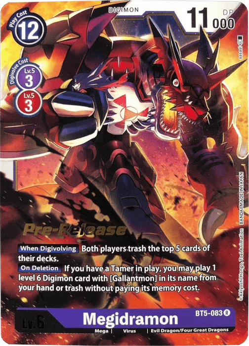 Introducing a rare Digimon card - **Megidramon [BT5-083] [Battle of Omni Pre-Release Promos]**. This fearsome dragon-like creature is equipped with sharp claws, adorned in red and black armor, and sports glowing red eyes. Showcasing impressive stats: Level 6, Play Cost 12, Digivolution Cost 3, and 11,000 DP. This powerful card also features unique abilities when digivolving and upon deletion. A must-have for any serious Digimon collector!