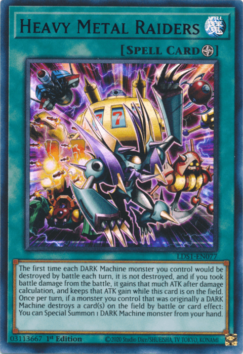 Heavy Metal Raiders (Purple) [LDS1-EN077] Ultra Rare" is a Yu-Gi-Oh! Field Spell Card from Legendary Duelists: Season 1. It showcases a colossal robotic creature with bulky armor and a drill for one arm, amid fiery wreckage. The card text details its effects on DARK Machine monsters, covering battles, damage calculation, and special summoning.