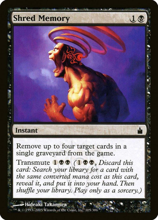 A Magic: The Gathering product titled "Shred Memory [Ravnica: City of Guilds]." It depicts a muscular figure with a shaved head, his mouth open in a scream, and purple rings emanating from his head. The card has a black border and provides rules text for its "Instant" and "Transmute" abilities. Artwork by Hideaki Takamura.