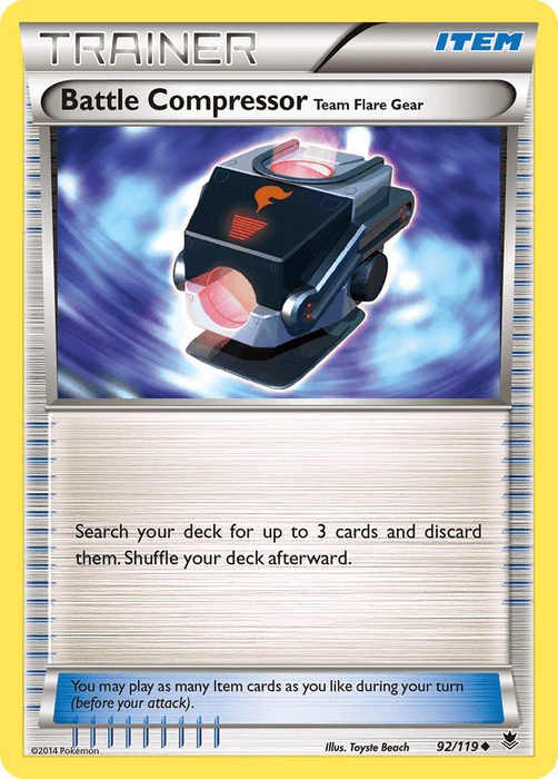 A Pokémon Trading Card titled "Battle Compressor Team Flare Gear" with "Trainer" and "Item" labels from the XY: Phantom Forces series. The card features a machine emitting a blue glow and red beam. The text reads: "Search your deck for up to 3 cards and discard them. Shuffle your deck afterward." It is numbered 92/119 with illustration by Toyste Beach.