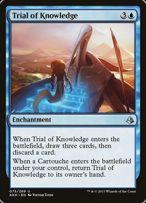 A Magic: The Gathering card titled "Trial of Knowledge [Amonkhet]" from the Amonkhet set. It features a blue enchantment card with a cost of 3 colorless mana and 1 blue mana. The art depicts a robed figure with a staff facing an ancient structure. Its abilities allow drawing cards and returning to hand under certain conditions.

