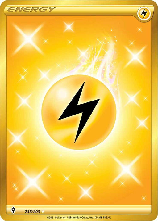 A Lightning Energy (235/203) [Sword & Shield: Evolving Skies] card from Pokémon. The card boasts a bright yellow background with sparkling stars and a central yellow orb displaying a black lightning bolt symbol, indicating Basic Energy. It's a Secret Rare, numbered 235/203, with trademarks for Pokémon and GAME FREAK at the bottom.