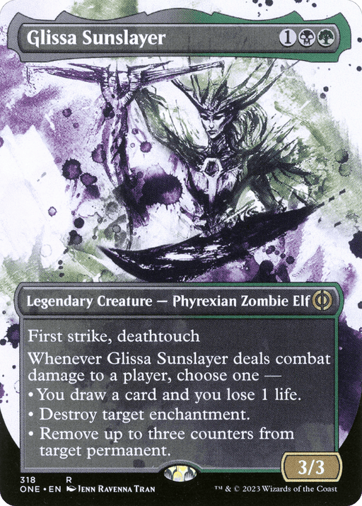 A "Magic: The Gathering" card titled "Glissa Sunslayer (Borderless Ichor) [Phyrexia: All Will Be One]". This Legendary Creature is a Phyrexian Zombie Elf with a leafy, greenish appearance and a menacing pose. Costing 1BG mana, it boasts 3/3 power/toughness, first strike, deathtouch, and trigger effects on