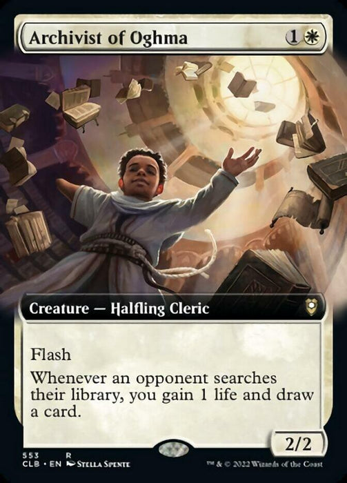 A Magic: The Gathering card titled "Archivist of Oghma (Extended Art) [Commander Legends: Battle for Baldur's Gate]" from the Commander Legends set. This rare card features a robed halfling cleric, surrounded by floating books and scrolls, standing under a glowing ceiling. With a casting cost of 1 generic and 1 white mana, this 2/2 creature has flash and grants life gain and card draw whenever an opponent.