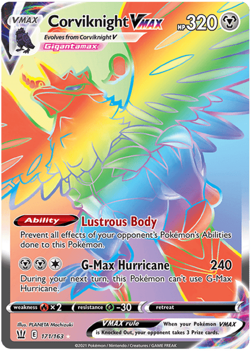 A colorful Pokémon trading card from the Sword & Shield: Battle Styles series featuring Corviknight VMAX (171/163) [Sword & Shield: Battle Styles] with 320 HP. The card showcases rainbow-colored artwork of a large bird with metallic wings. Key details include the "Lustrous Body" ability, "G-Max Hurricane" attack dealing 240 damage, and text describing the card's VMAX rule.
