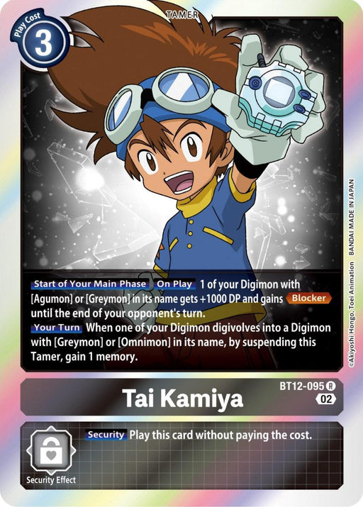 A Digimon TCG Tai Kamiya [BT12-095] [Across Time] card featuring Tai Kamiya. The card costs 3 and boosts Digimon with "Agumon" or "Greymon" in its name, granting +1000 DP and Blocker. Its in-play effect grants 1 memory when Digivolving into "Greymon" or "Omnimon." The security feature lets it be played without