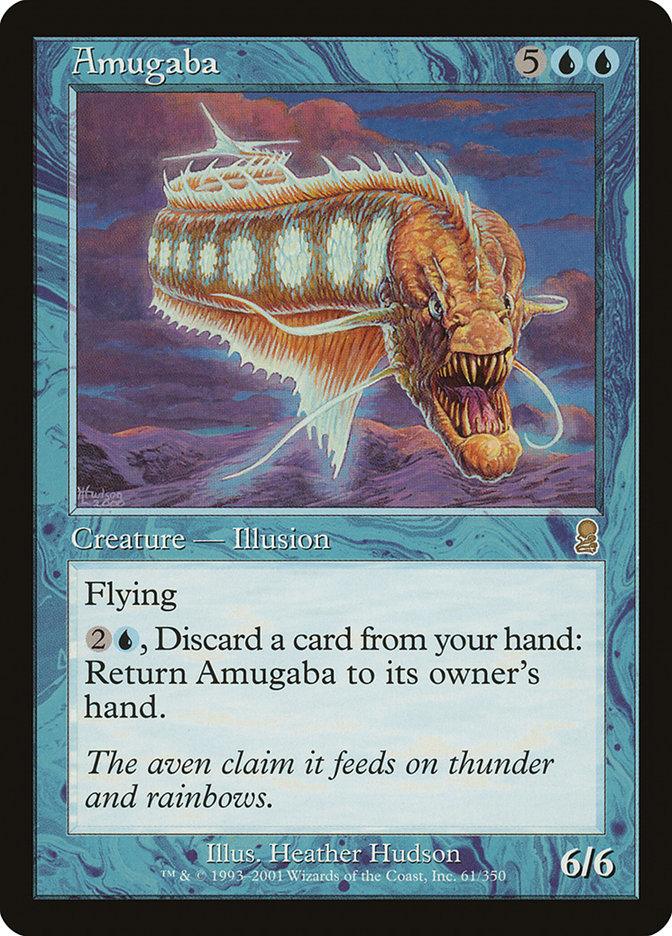 A rare Magic: The Gathering card named "Amugaba [Odyssey]," costing 5 blue mana. The artwork depicts a fierce, aquatic creature with fins, sharp teeth, and glowing eyes. It has flying, and you can discard a card for 2 blue mana to return it to your hand. Illustrated by Heather Hudson, it's a 6/6 Creature — Illusion with the flavor text: