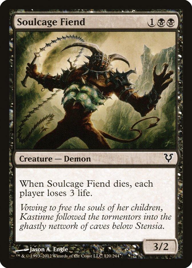 The card "Soulcage Fiend" from the "Avacyn Restored" set of Magic: The Gathering features a Creature Demon adorned in gleaming armor with ominously glowing eyes. Set against a stormy, lightning-filled backdrop, the card explores dark lore involving Kastinne and suggests themes of life loss. It has power/toughness stats of 3/2.