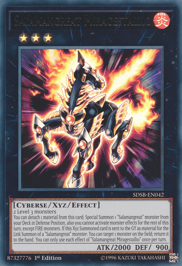 A Yu-Gi-Oh! trading card titled "Salamangreat Miragestallio [SDSB-EN042] Ultra Rare." This *Ultra Rare* Xyz/Effect Monster features a fiery mechanical horse with a sleek, black metallic body engulfed in flames. It has sharp, angular features and is rearing on its hind legs. The card details include its attributes, type, abilities, and stats.