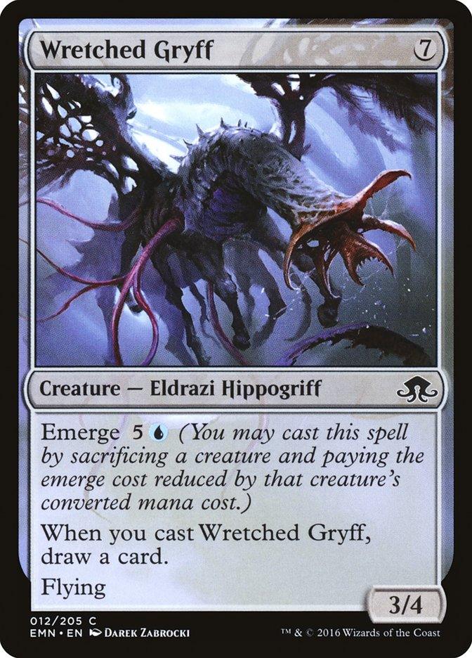 The image showcases a Magic: The Gathering product, Wretched Gryff [Eldritch Moon], from the Eldritch Moon set. Titled 