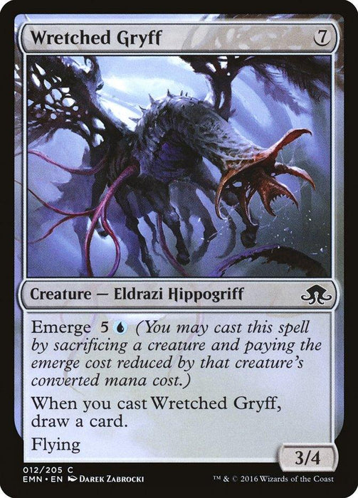 The image showcases a Magic: The Gathering product, Wretched Gryff [Eldritch Moon], from the Eldritch Moon set. Titled "Wretched Gryff," this Eldrazi Hippogriff creature card costs 7 mana and features "Emerge 5U," allowing for cheaper casting. It boasts flying, a power and toughness of 3/4, and lets you draw a card upon casting.