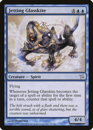 A "Magic: The Gathering" product titled "Jetting Glasskite [Betrayers of Kamigawa]" features a spectral, dragon-like spirit with glass shards on its wings and a surrounding blue aura. The card text elaborates on its abilities, which include flying and a counter effect against the first targeting spell or ability each turn.