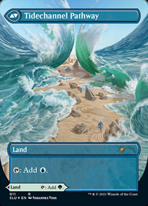 A fantasy card titled "Barkchannel Pathway // Tidechannel Pathway (Borderless) [Secret Lair: Ultimate Edition 2]" from Magic: The Gathering depicts a scene where the sea parts, revealing a sandy pathway adorned with seashells and stones. Giant waves are held back on either side, forming an arched passage. The sky is clear with a few clouds. This Rare "Land" card can generate blue mana.