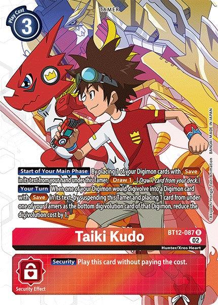 A Digimon trading card titled "Taiki Kudo [BT12-087] (Alternate Art) [Across Time]," labeled "BT12-087" is pictured. The card shows a Tamer with brown hair, goggles, and a red and white jacket holding a digivice. He is accompanied by a red dragon-like Digimon. Game-related text above and below describes Digivolution effects across time.