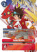 A Digimon trading card titled "Taiki Kudo [BT12-087] (Alternate Art) [Across Time]," labeled "BT12-087" is pictured. The card shows a Tamer with brown hair, goggles, and a red and white jacket holding a digivice. He is accompanied by a red dragon-like Digimon. Game-related text above and below describes Digivolution effects across time.