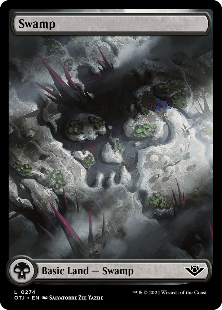 Magic: The Gathering product titled "Swamp (0274) [Outlaws of Thunder Junction]," illustrated by Salvatorre Zee Yazzie. It features a dark, foggy landscape with jagged, pink crystals and eerie faces formed from the terrain. The frame is gray with a rounded black mana symbol in the bottom left corner.