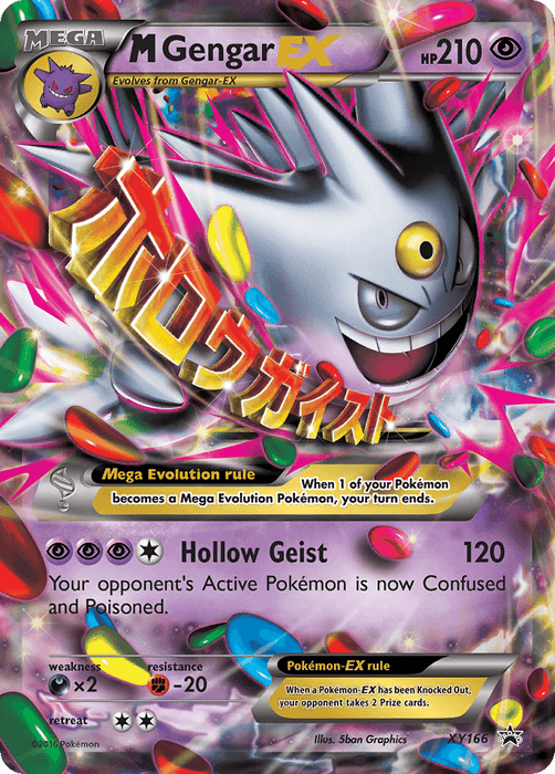 An illustrated Pokémon trading card featuring M Gengar EX (XY166) [XY: Black Star Promos] with 210 HP. The card has vibrant, swirling colors. The main attack is "Hollow Geist," dealing 120 damage and causing confusion and poisoning. As a Psychic-type Promo, it has a special rule: the player's turn ends if the Pokémon becomes a Mega Evolution.