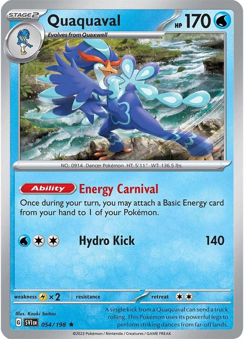 The image is a Pokémon Quaquaval (054/198) [Scarlet & Violet: Base Set] from the *Pokémon* brand featuring Quaquaval, a water-type creature. The card shows Quaquaval, a blue and yellow bird-like Pokémon, dancing in a river with its wings extended. It has an HP of 170, an ability called "Energy Carnival," and a move named "Hydro Kick.